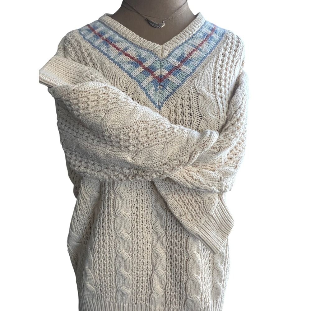Y2k‎ VTG Cable Knit V-Neck Sweater Cream argyle neck SM old money preppy tennis